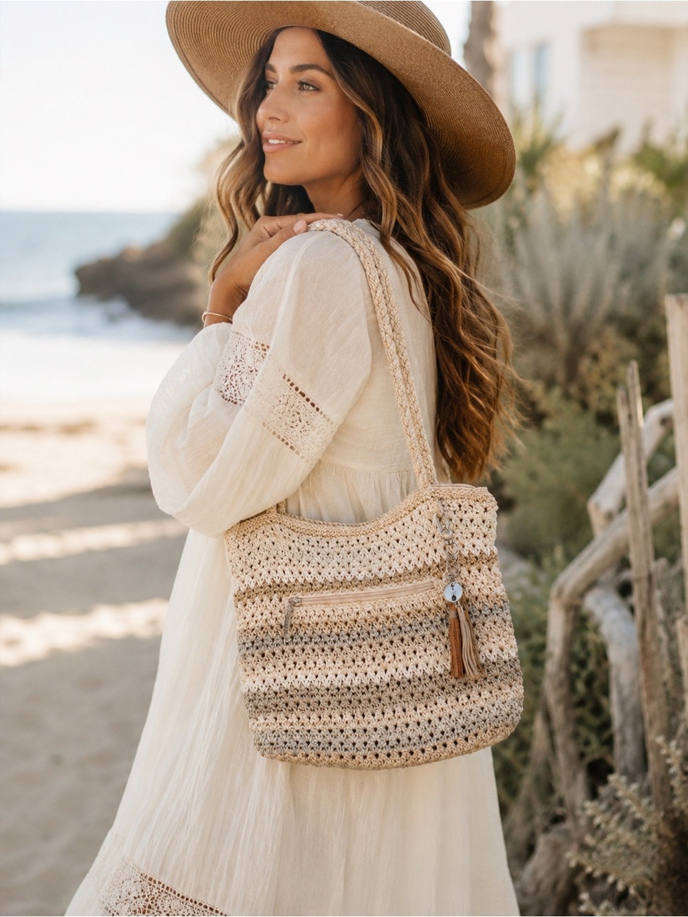 The Sak Crochet Knit Shoulder Bag Neutral Stripe Beige Gray Tassel Boho Tote